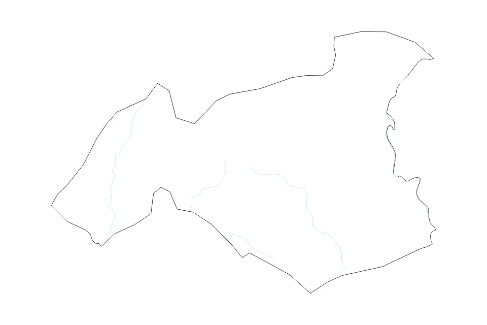 Outline map of Gaziantep, Turkey with subdivision borders and rivers.
