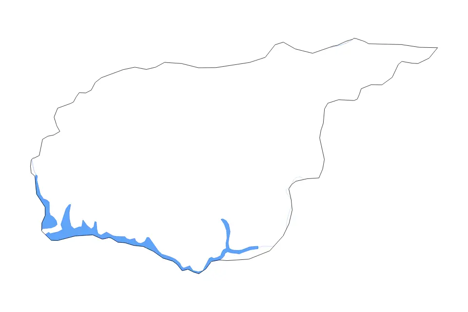 Outline map of Tunceli, Turkey with subdivision borders and major lakes and rivers.