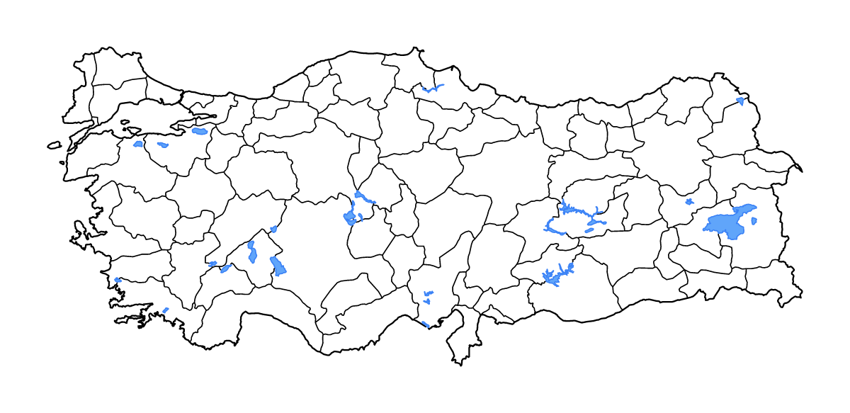 Mapa de contorno de Turkey con límites administrativos internos, lagos y ríos.