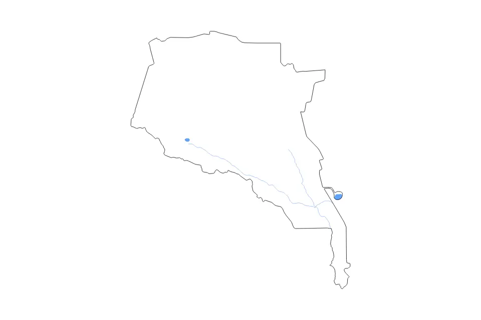 Outline map of Ahal, Turkmenistan with subdivision borders and major lakes and rivers.