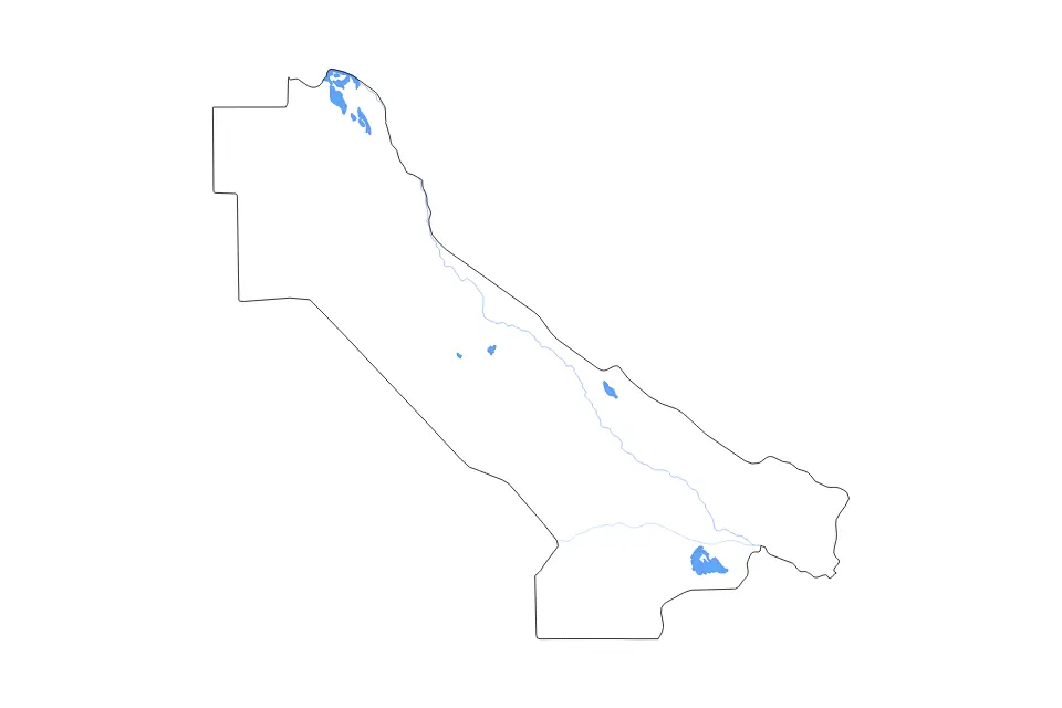 Outline map of Lebap, Turkmenistan with subdivision borders and major lakes and rivers.