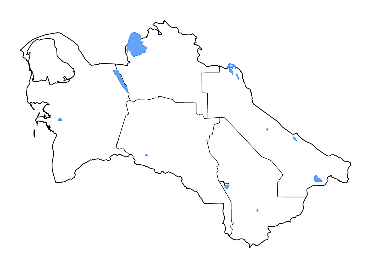 Mapa de contorno de Turkmenistan con límites administrativos internos, lagos y ríos.