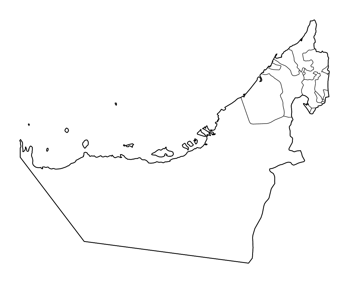 Mapa de contorno de United Arab Emirates con límites administrativos internos y ríos.