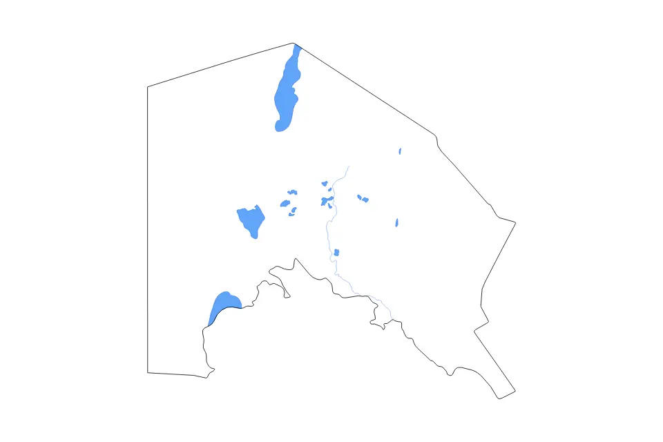 Outline map of Karakalpakstan Automonous Region, Uzbekistan with subdivision borders and major lakes and rivers.