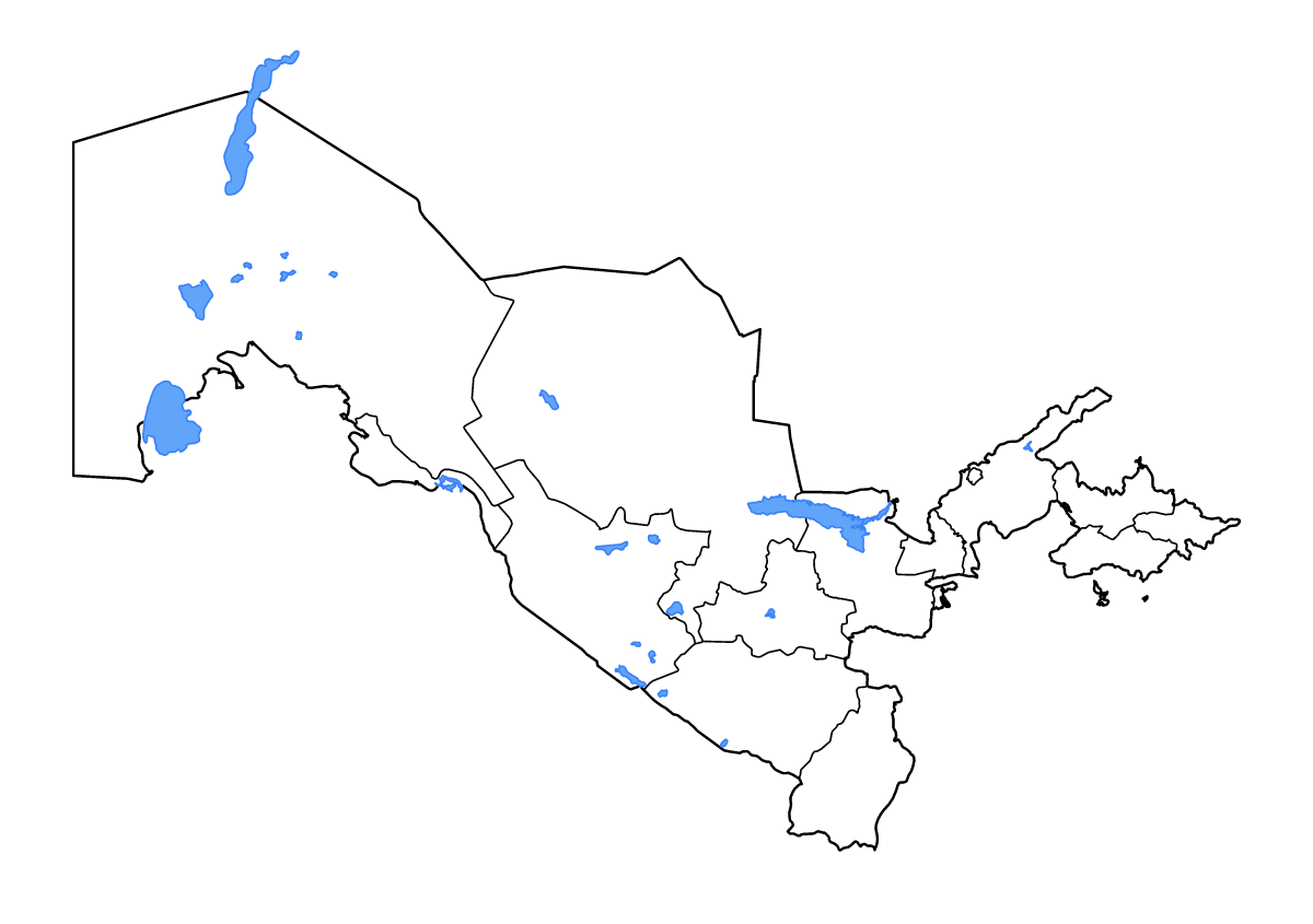 Mapa de contorno de Uzbekistan con límites administrativos internos, lagos y ríos.