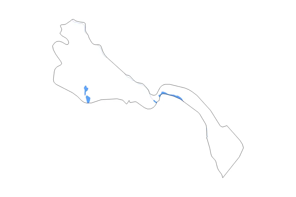 Outline map of Xorazm, Uzbekistan with subdivision borders and major lakes and rivers.