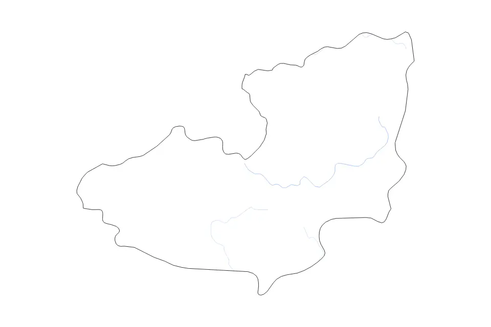 Outline map of Lâm Đồng, Vietnam with subdivision borders and rivers.