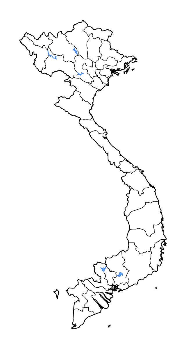 Carte de contour de Vietnam avec limites administratives internes, lacs et rivières.
