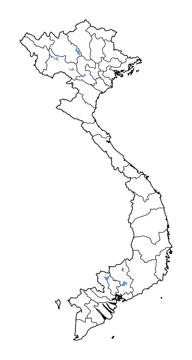 Mapa de contorno de Vietnam con límites administrativos internos, lagos y ríos.