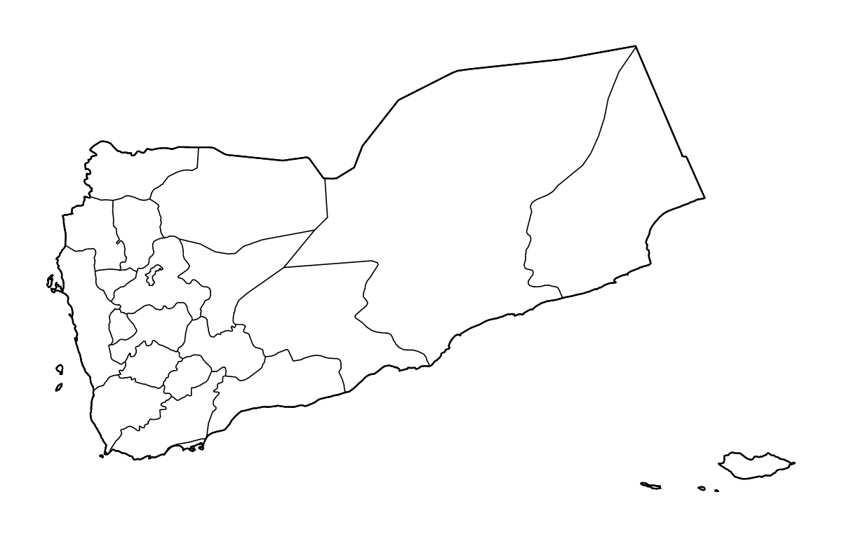 Mapa de contorno de Yemen con límites administrativos internos y ríos.