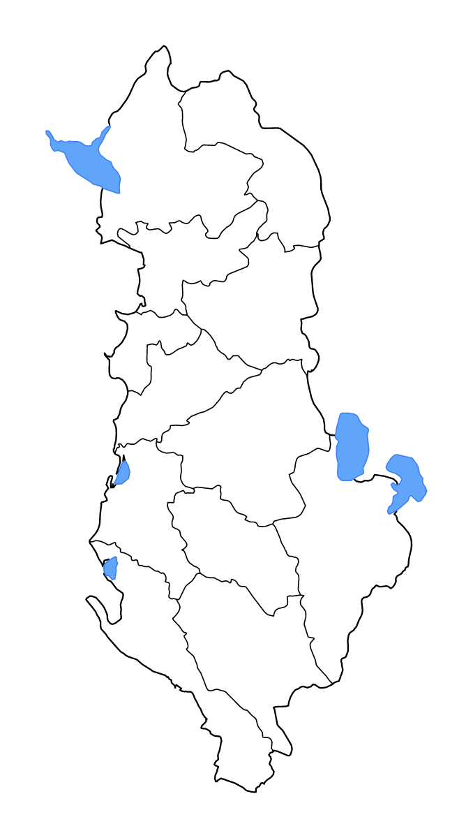 Mapa de contorno de Albania con límites administrativos internos, lagos y ríos.