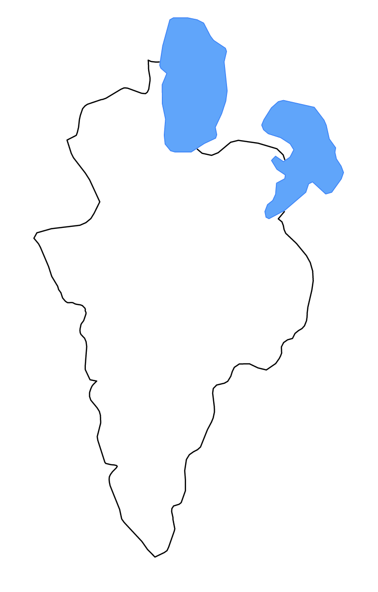 Outline map of Korçë County, Albania with lakes and rivers.