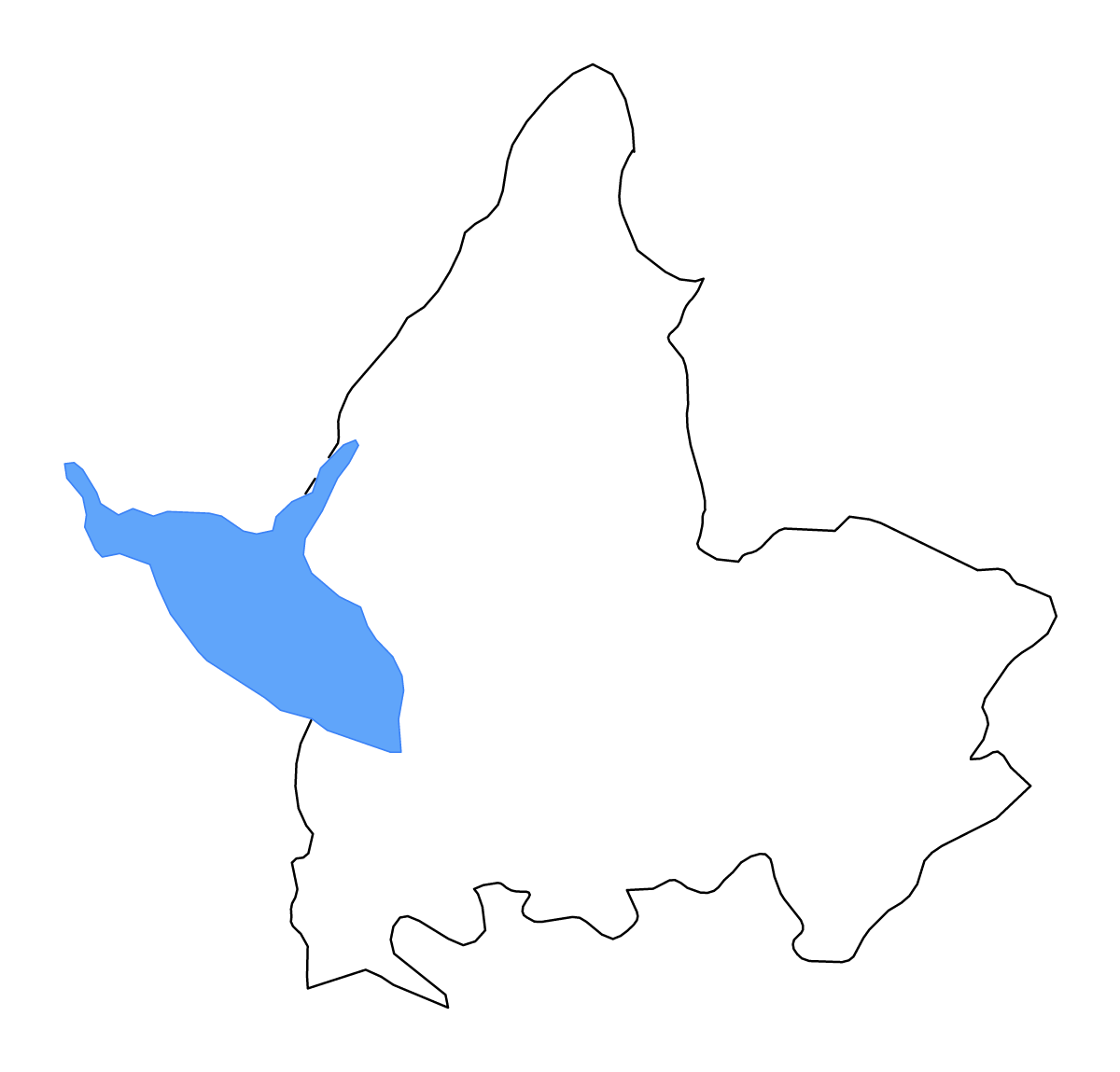 Outline map of Shkodër County, Albania with lakes and rivers.