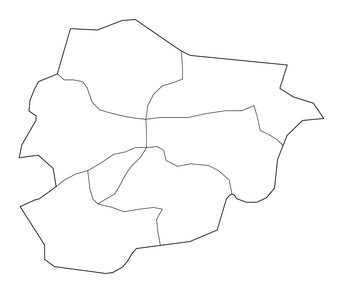 Mapa de contorno de Andorra con límites administrativos internos.