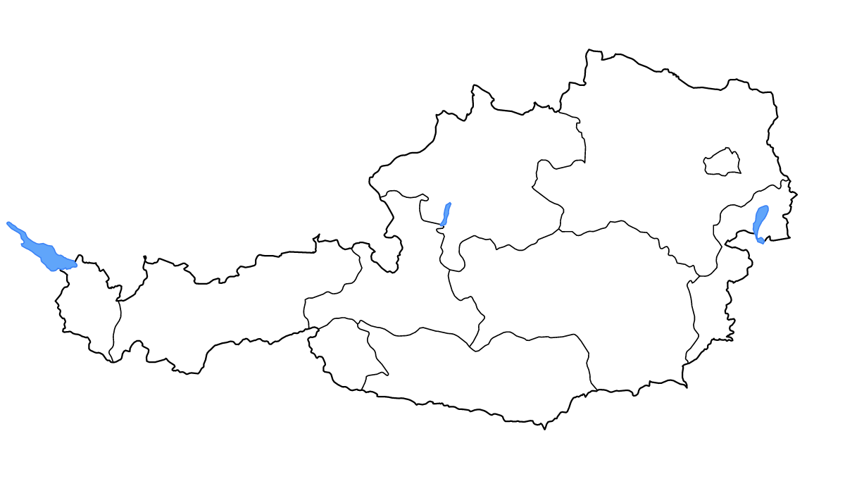 Mapa de contorno de Austria con límites administrativos internos, lagos y ríos.