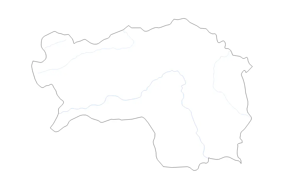 Outline map of Styria, Austria with subdivision borders and rivers.