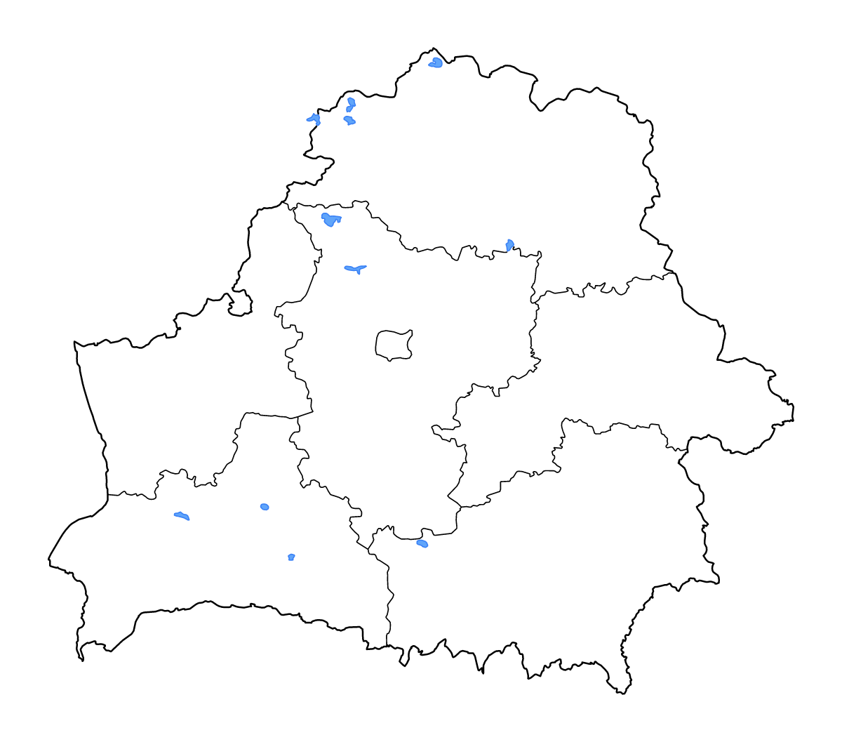 Mapa de contorno de Belarus con límites administrativos internos, lagos y ríos.