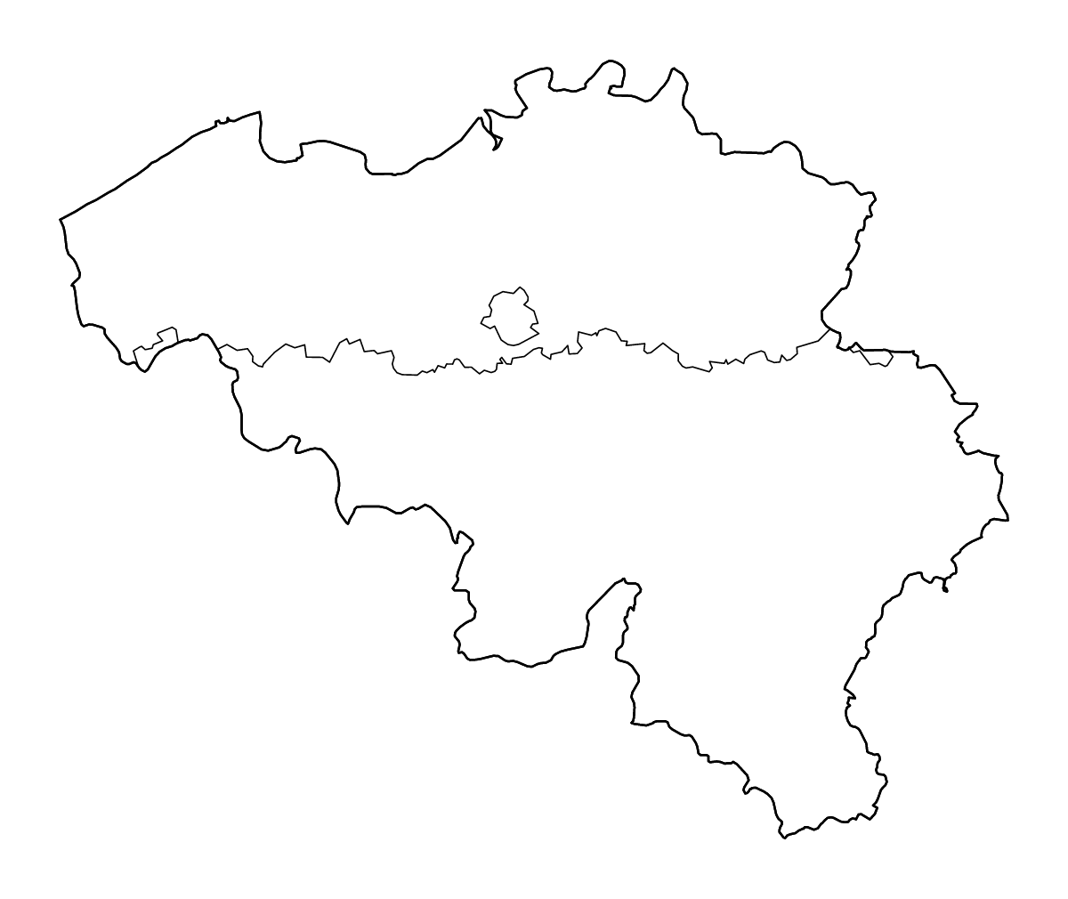 Outline map of Belgium with internal administrative boundaries and rivers.
