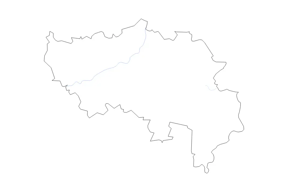 Outline map of Liège, Belgium with subdivision borders and rivers.