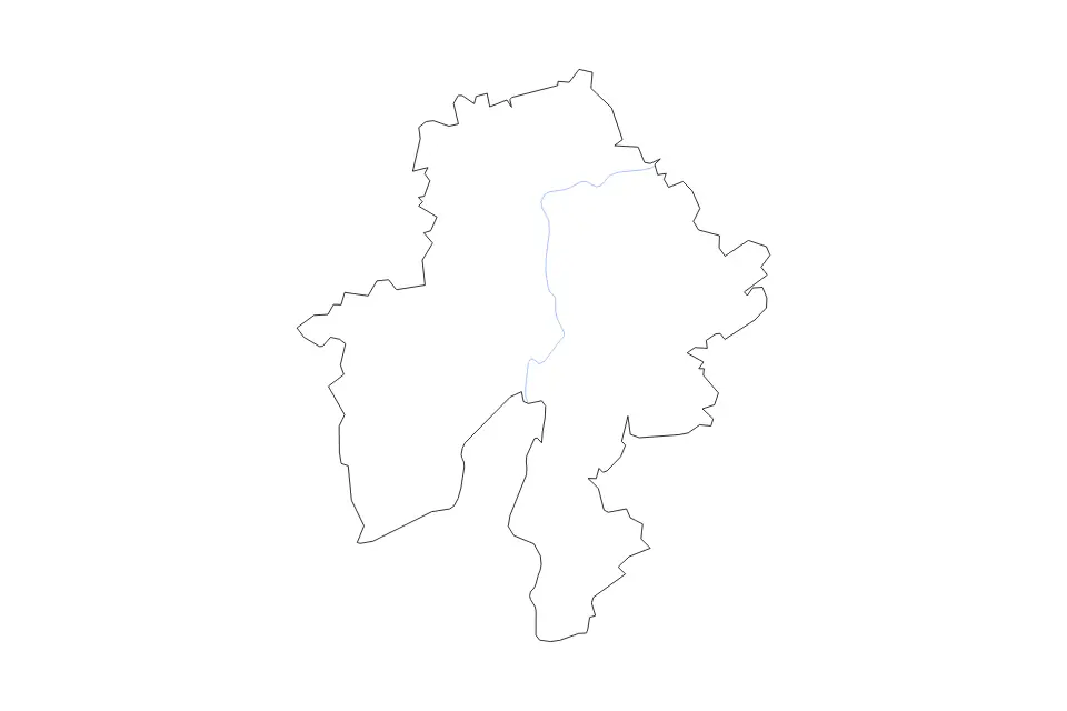 Outline map of Namur, Belgium with subdivision borders and rivers.