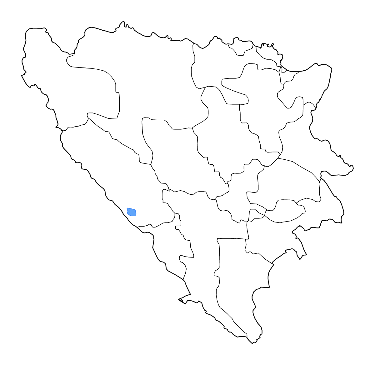 Outline map of Bosnia and Herzegovina with internal administrative boundaries, lakes, and rivers.