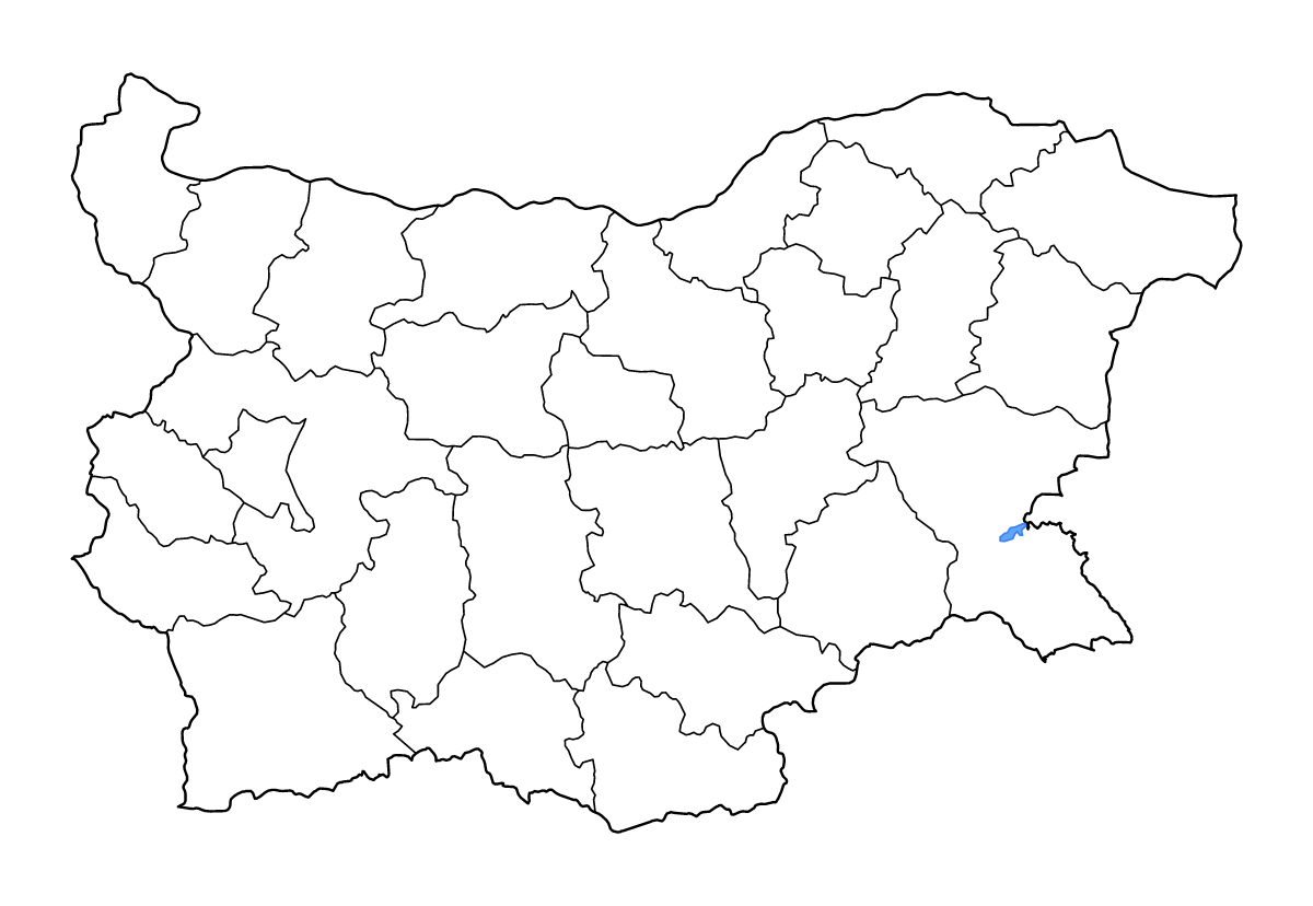 Mapa de contorno de Bulgaria con límites administrativos internos, lagos y ríos.