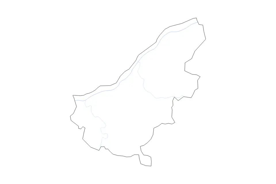 Outline map of Ruse, Bulgaria with subdivision borders and rivers.