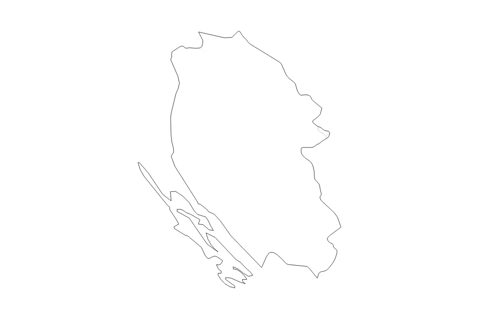 Outline map of Lika-Senj County, Croatia with subdivision borders and rivers.