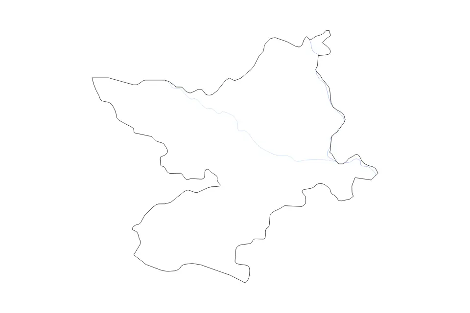 Outline map of Osijek-Baranja County, Croatia with subdivision borders and rivers.