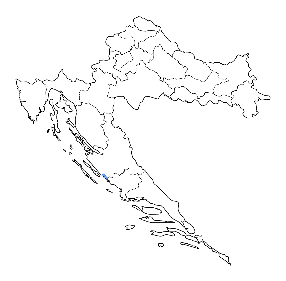 Carte de contour de Croatia avec limites administratives internes, lacs et rivières.