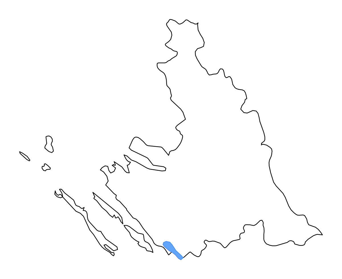 Mapa de contorno de Zadar, Croatia con lagos y ríos.
