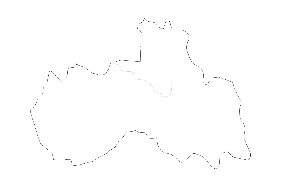 Outline map of Liberec, Czech Republic with subdivision borders and rivers.