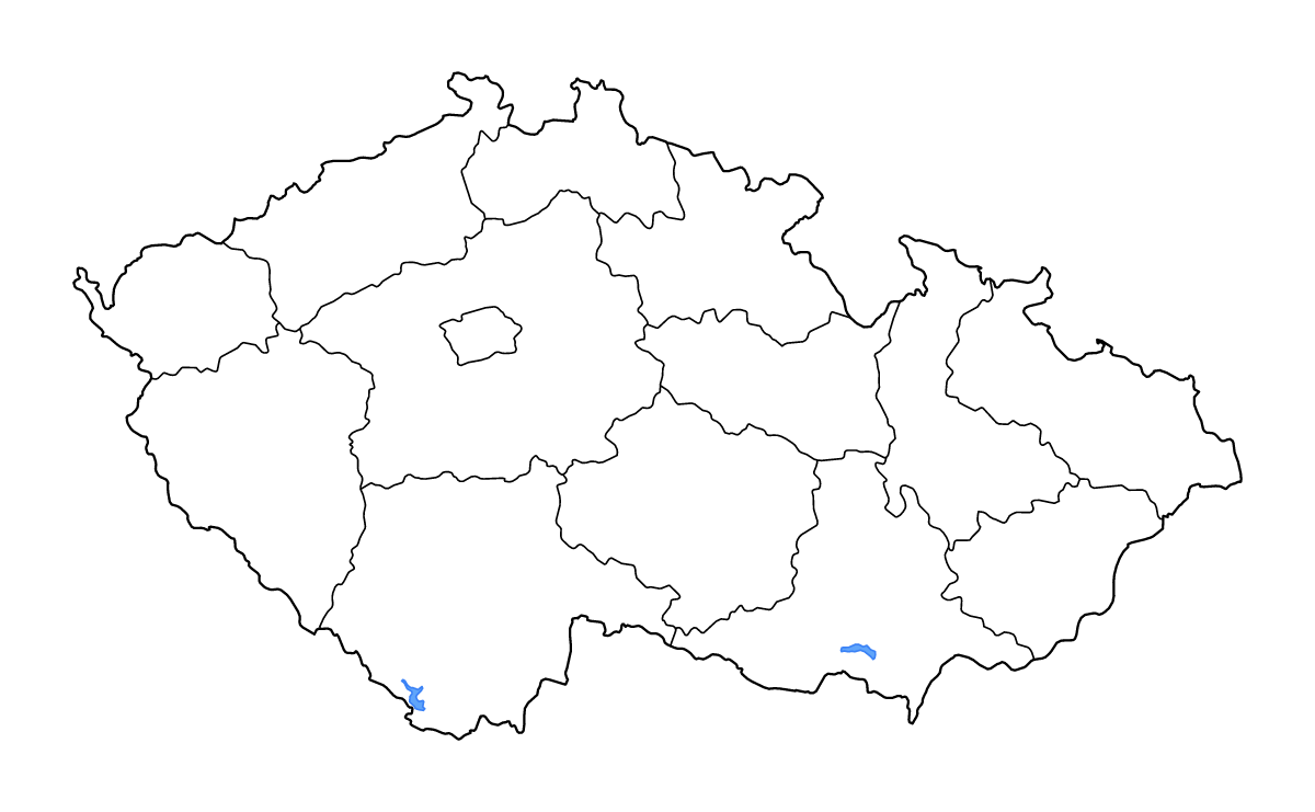 Mapa de contorno de Czech Republic con límites administrativos internos, lagos y ríos.