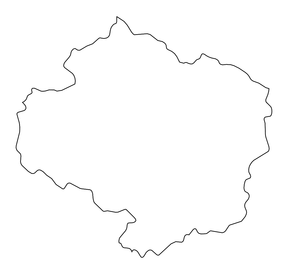 Outline map of Vysočina, Czech Republic with rivers.