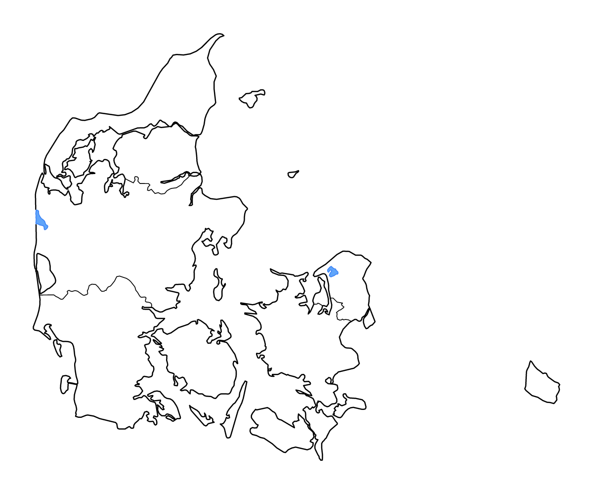 Carte de contour de Denmark avec limites administratives internes, lacs et rivières.