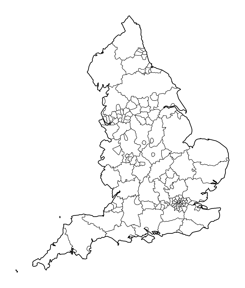Mapa de contorno de England con límites administrativos internos y ríos.