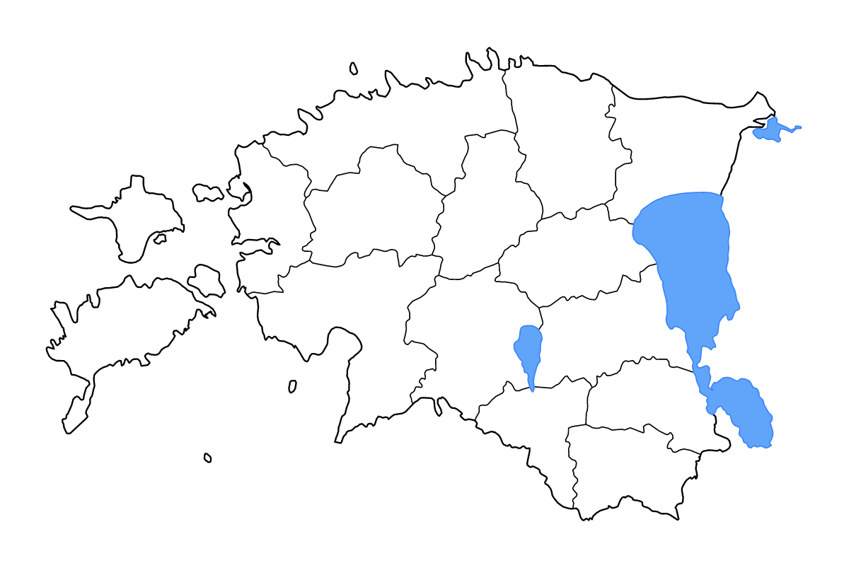 Carte de contour de Estonia avec limites administratives internes, lacs et rivières.