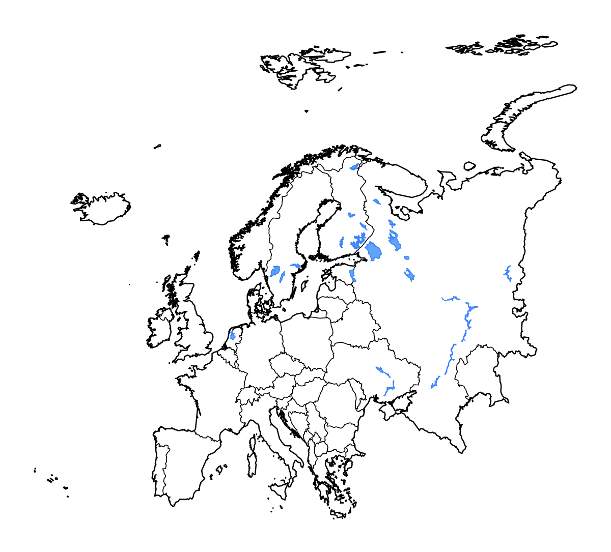 Outline map of Europe with internal administrative boundaries, lakes, and rivers.