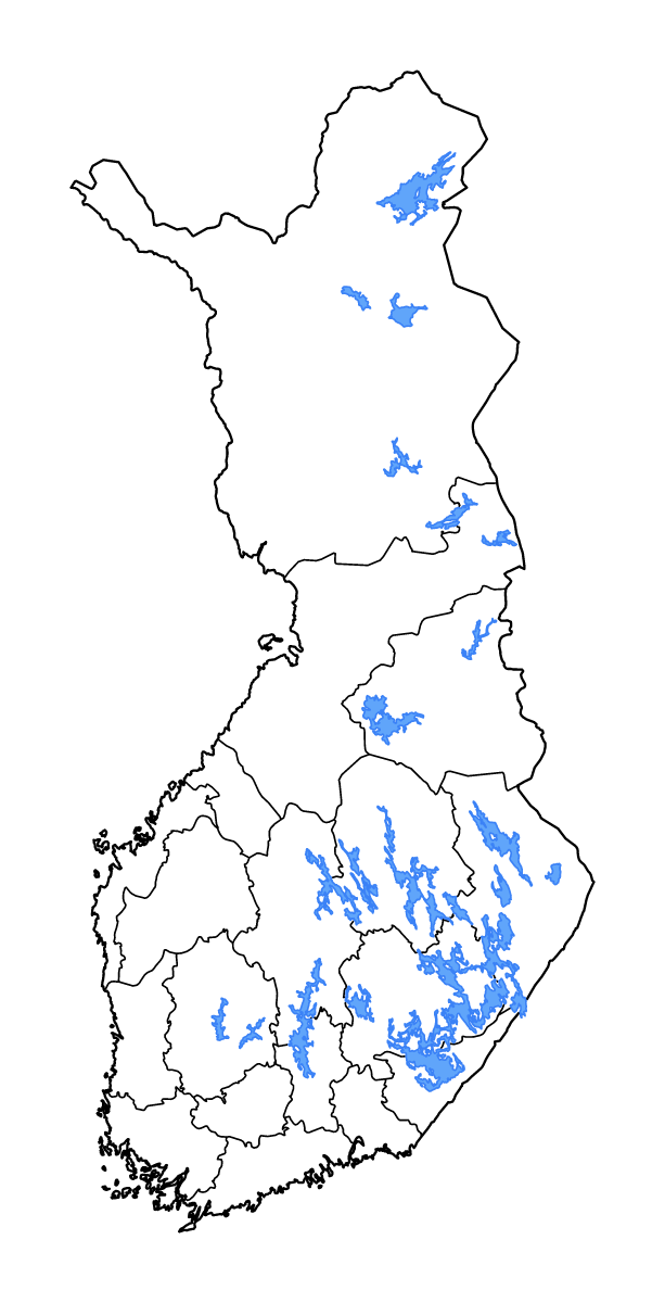 Mapa de contorno de Finland con límites administrativos internos, lagos y ríos.