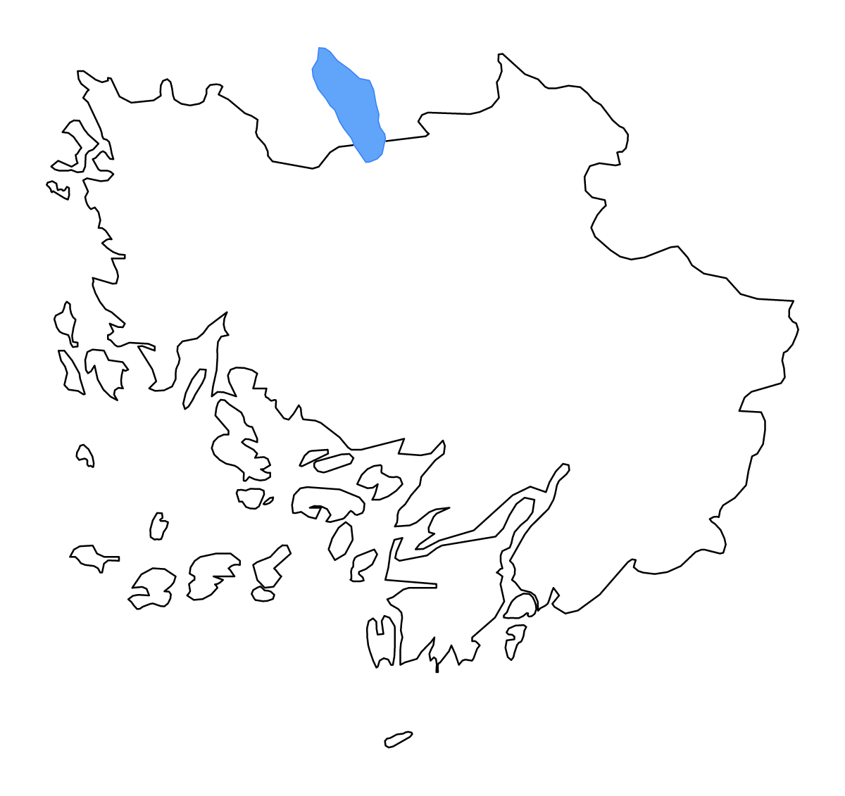 Outline map of Finland Proper, Finland with lakes and rivers.
