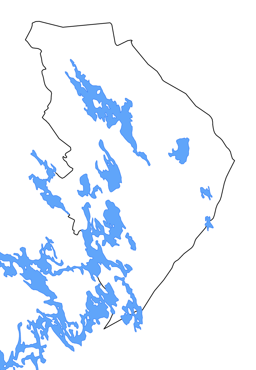 Mapa de contorno de North Karelia, Finland con lagos y ríos.
