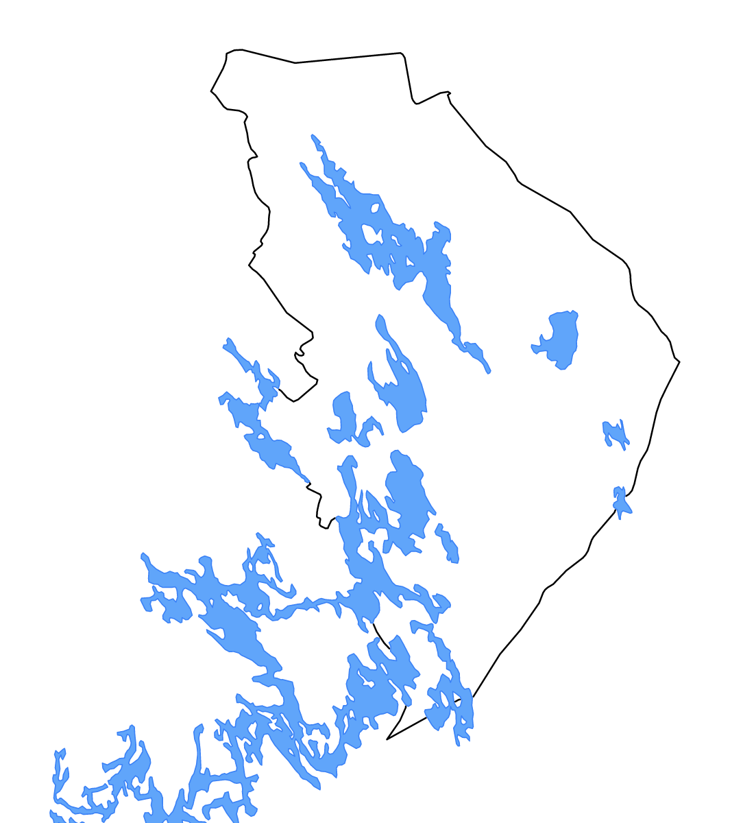 Outline map of North Karelia, Finland with lakes and rivers.