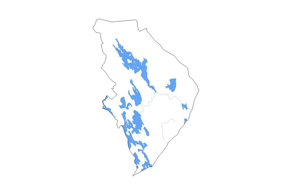 Outline map of North Karelia, Finland with subdivision borders and major lakes and rivers.