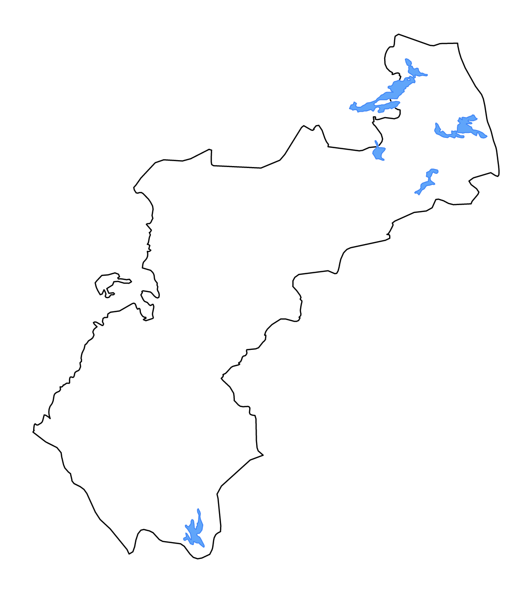 Outline map of Northern Ostrobothnia, Finland with lakes and rivers.