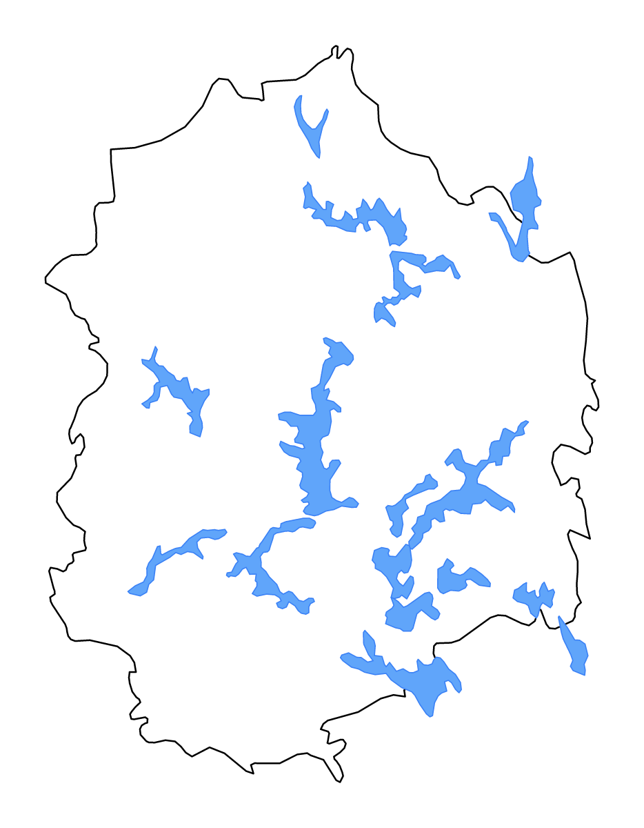 Mapa de contorno de Pirkanmaa, Finland con lagos y ríos.