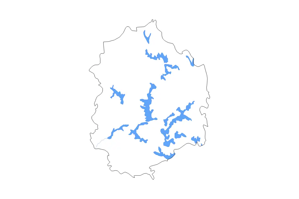 Outline map of Pirkanmaa, Finland with subdivision borders and major lakes and rivers.