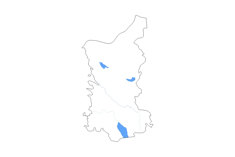 Outline map of Satakunta, Finland with subdivision borders and major lakes and rivers.