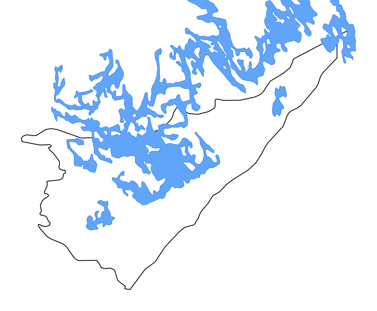 Mapa de contorno de South Karelia, Finland con lagos y ríos.
