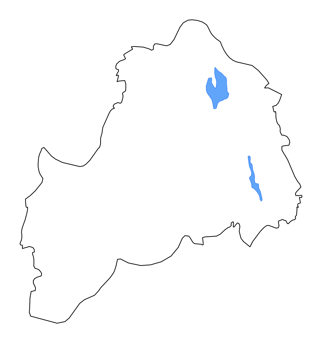 Outline map of Southern Ostrobothnia, Finland with lakes and rivers.