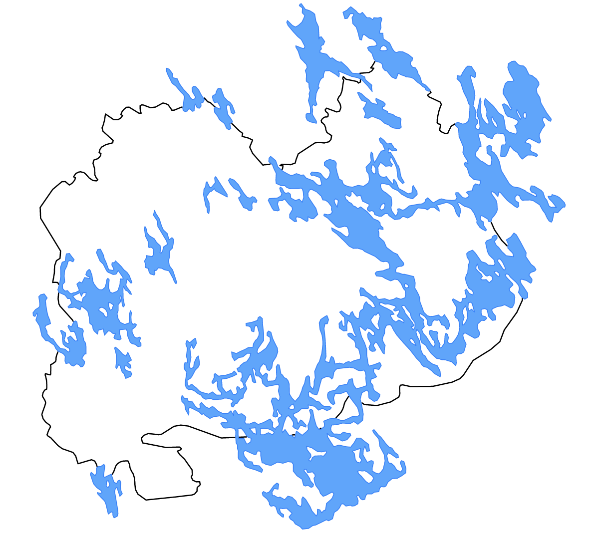 Outline map of Southern Savonia, Finland with lakes.